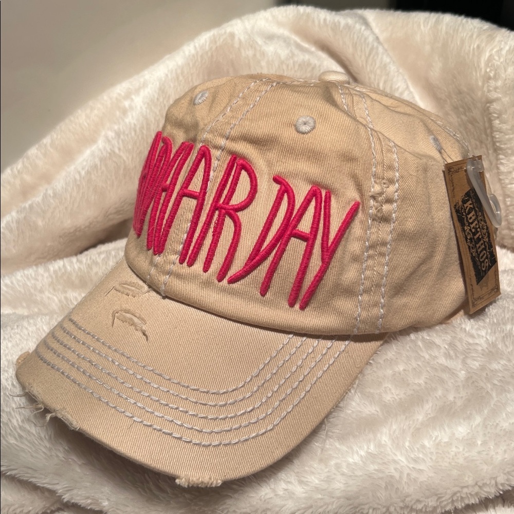 NWT🧢 KBETHOS DISTRESSED COTTON TAN/PINK BAD HAIR DAY ADJUSTABLE BASEBALL HAT CAP - Picture 1 of 9